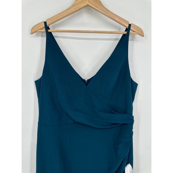 Dress The Population Anita Midi Dress V-Neck Ruched Crepe Sheath, Peacock Blue - Picture 7 of 16